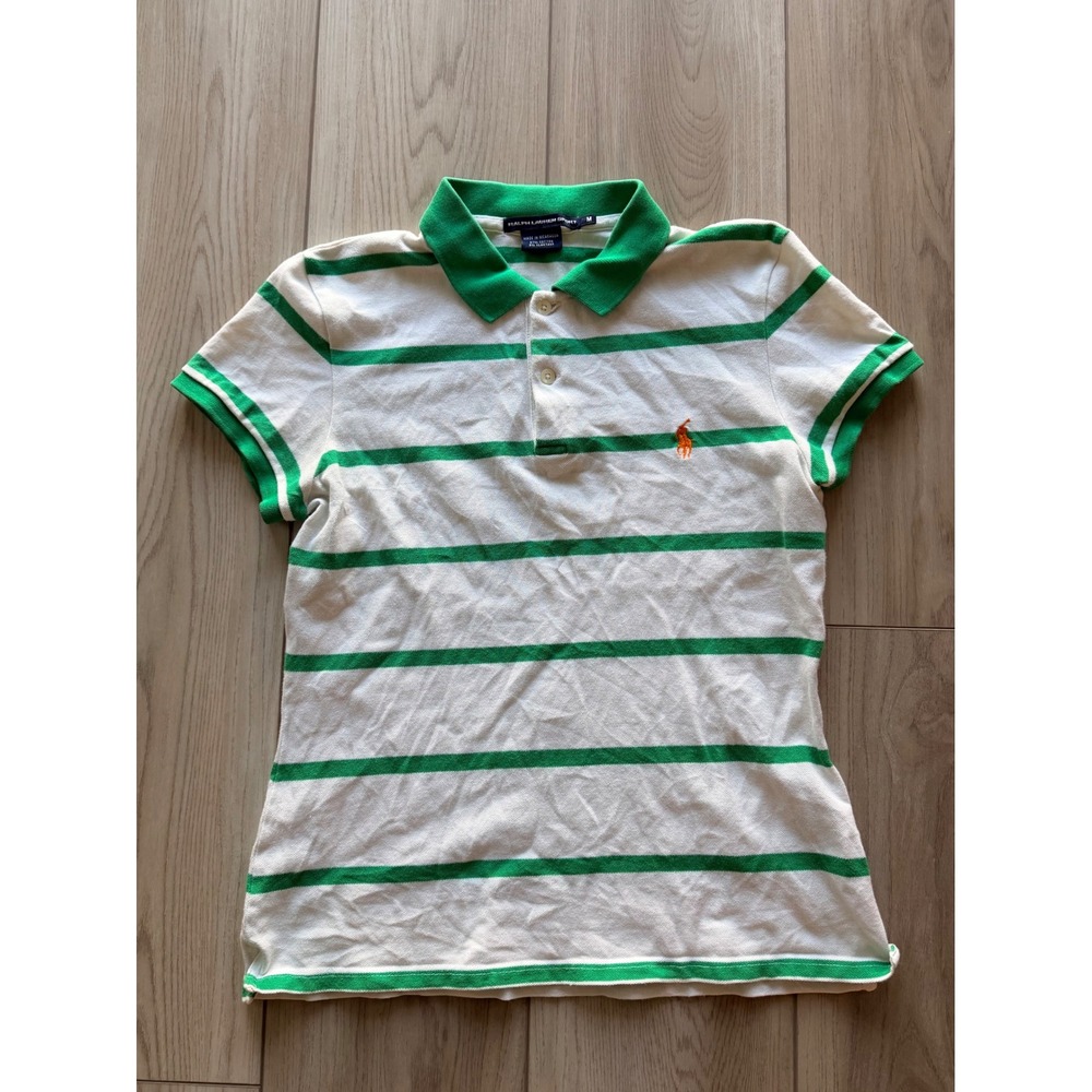 Vintage Y2K Ralph Lauren Sport Polo Shirt Women M White Green Striped Pony Logo